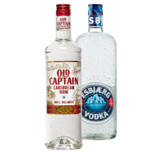 Old Captain Caribbean rum wit,
bruin of spiced fles a 700 ml,
Glen Talloch Schotse whisky
of Esbjaerg vodka fles a 1000 ml